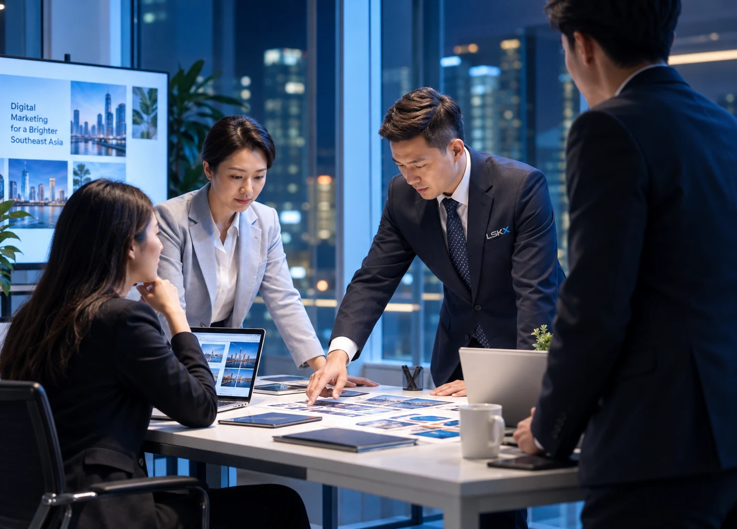 An illustrative team of four reviewing a marketing plan together around a table